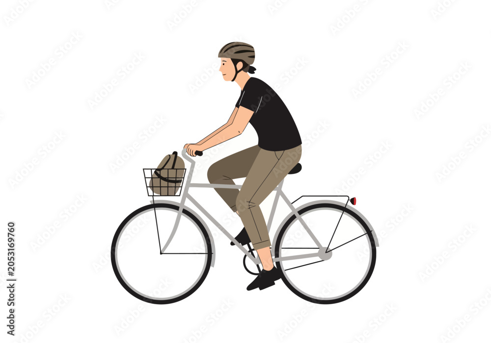 Naklejka premium A person wearing a helmet riding a bicycle with a basket.