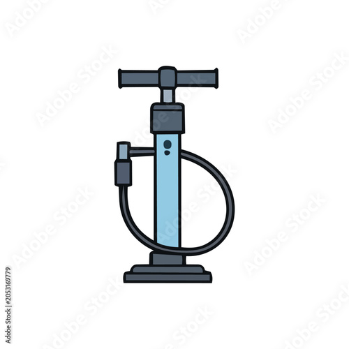 A blue and gray bicycle pump with a black hose and handle, isolated on a white background.