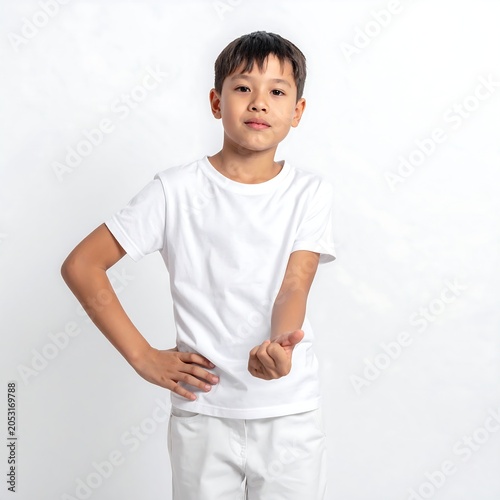 Young boy in white shirt posing indoors.
