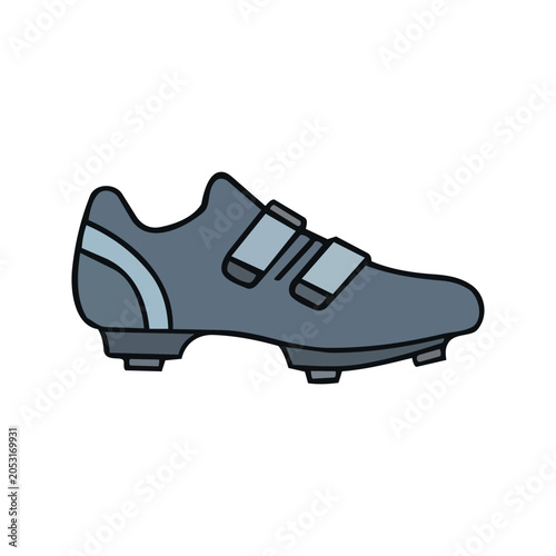 A detailed illustration of a single gray cycling shoe with two blue velcro straps and cleats on the sole.