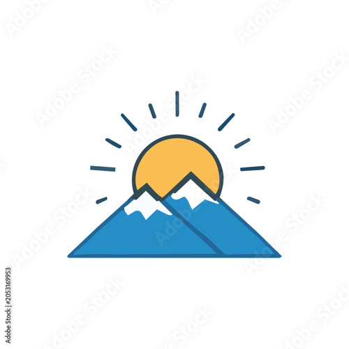 Stylized illustration of a bright sun rising behind snow-capped blue mountains.