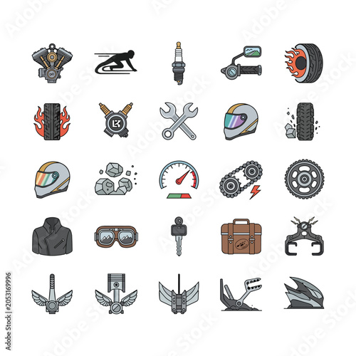 A collection of 25 diverse icons representing various aspects of transportation, industry, and sports, including engines, vehicles, tools, and safety gear.