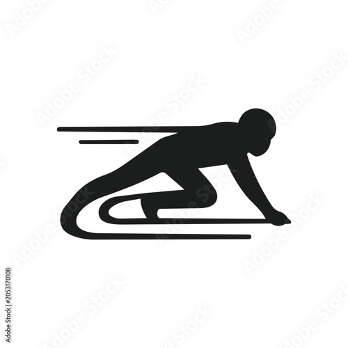 Silhouette of a runner in a starting position with motion lines indicating speed.
