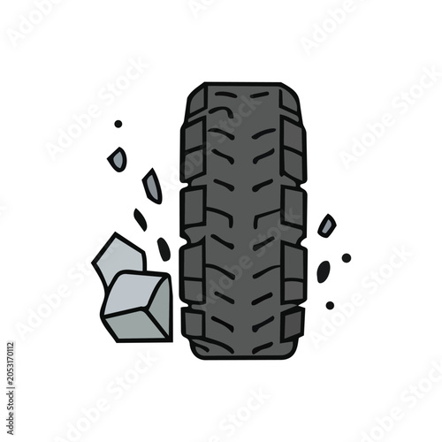A close-up illustration of a rugged tire kicking up small rocks and debris, suggesting off-road capability or a rough terrain encounter.