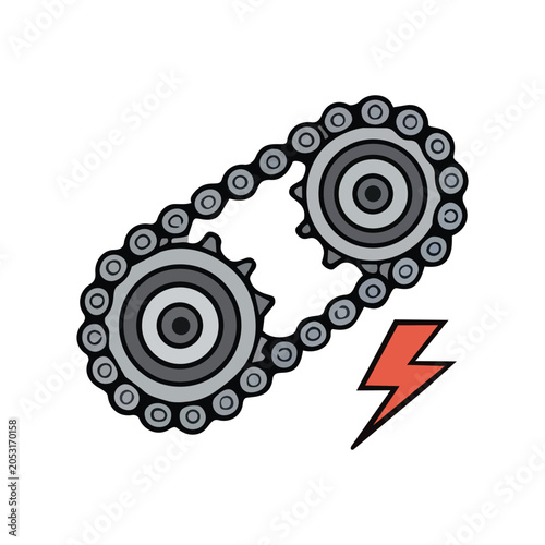 Illustration of a bicycle chain and sprockets with a lightning bolt symbol.