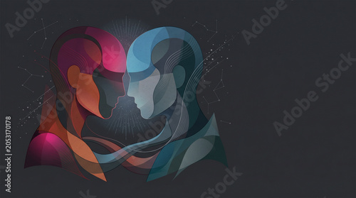 Two abstract profile faces connection concept background