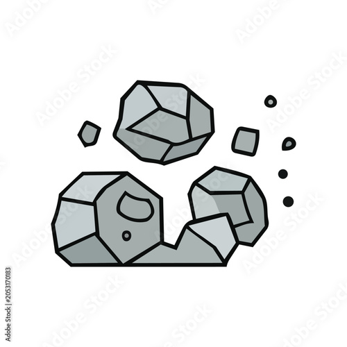 A collection of gray, angular rocks tumbling and scattering in a dynamic composition against a white background.