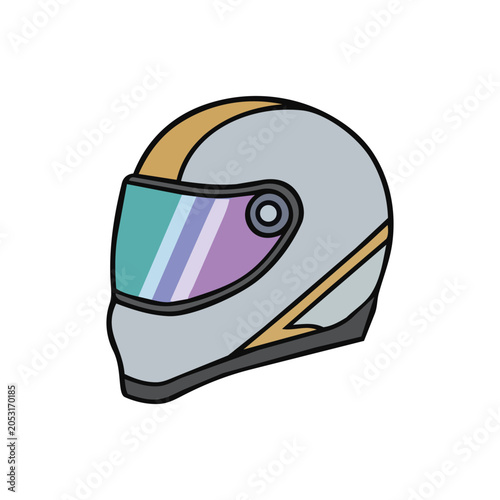 A cartoon illustration of a grey motorcycle helmet with a tinted visor and gold accents.