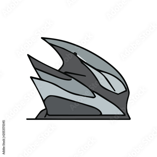 Stylized illustration of a modern grey and black sports helmet with sharp, angular design elements.