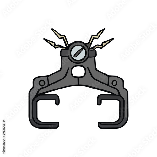 A grey mechanical clamp or gripper with yellow lightning bolt accents.