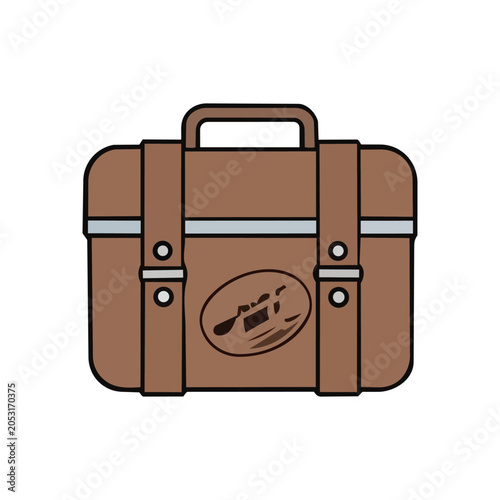 A brown vintage-style briefcase or small travel case with straps and a handle, featuring a unique oval emblem on the front.