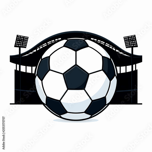 Black and white soccer football in front of stadium logo emblem featuring shield and team badge symbols for sports club identity, sports branding, tournament identity, and championship graphic design.