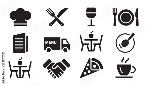 Εκτύπωση καμβά Set of black vector restaurant and cafe icons featuring kitchen utensils dining and meals
