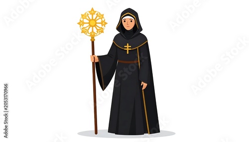 Woman in traditional nun habit with halo symbol.