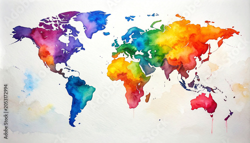 Rainbow World Map: A vibrant watercolor painting depicts the world map, with each continent and country rendered in a unique and colorful hue, symbolizing global diversity and connection.