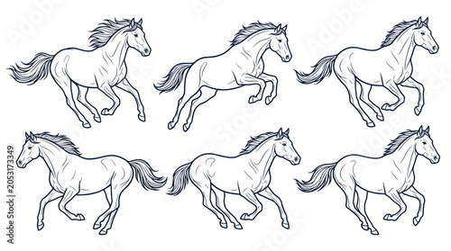 Fotografija Horse running illustration, set of six galloping horses in different poses, sket