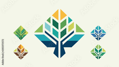 Collection of colorful geometric tree logo concepts with geometric collection abstract colorful business environment corporate branding sustainability isometric identity illustration
