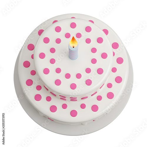 Two tier birthday cake with pink polka dots and lit candle