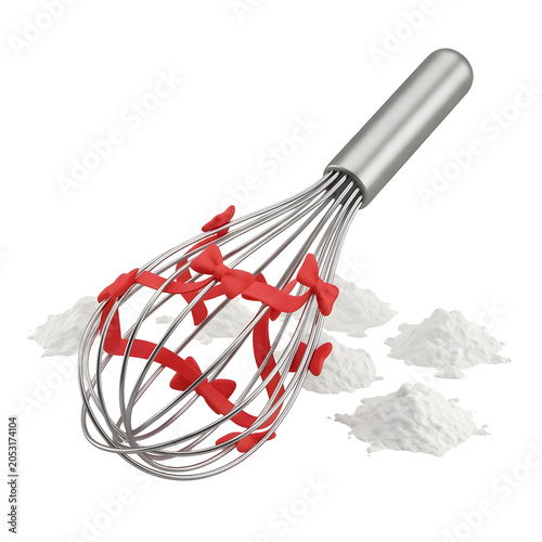 Whisk decorated with red bows and piles of white powder