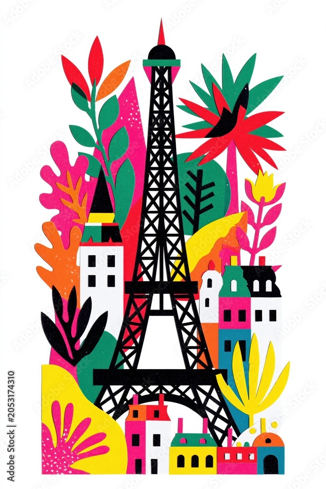 Fototapeta premium Vibrant Abstract Eiffel Tower Surrounded by Colorful Tropical Foliage and Parisian Buildings