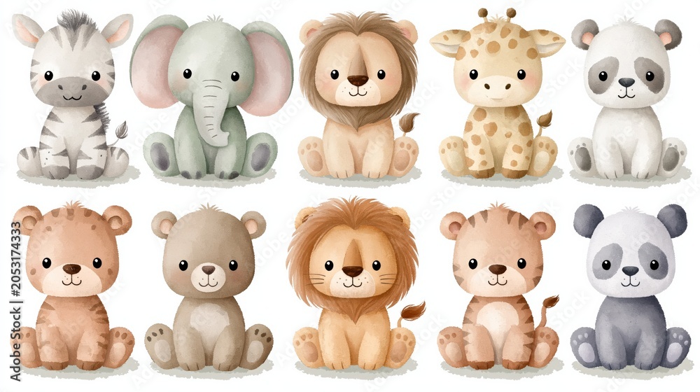 Obraz premium Adorable Watercolor Baby Safari Animals Collection for Children's Designs and More