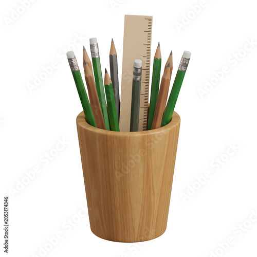 Wooden pencil holder with pencils and ruler