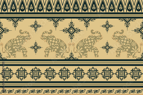 Seamless ethnic elephant pattern with tribal geometric ornaments, decorative textile background design.