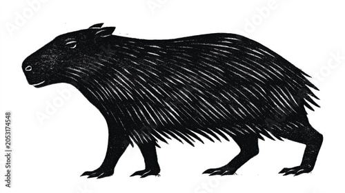 Linocut illustration of a dark capybara standing in profile on a white background, black and white rodent art