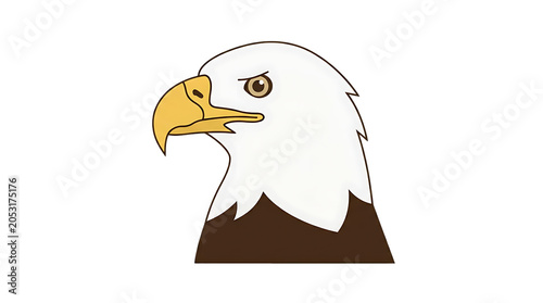 Bald eagle head in cartoon style with white and brown feathers in bright lighting for American patriotic designs on transparent background