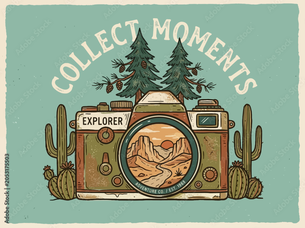 Obraz premium Retro camera landscape illustration with collect moments text.