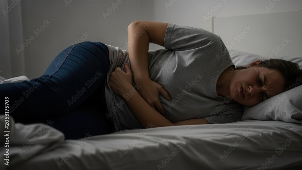 Obraz premium A woman lies in bed, curled up and holding her stomach, appearing to be in pain or suffering from abdominal discomfort in a dimly lit room.