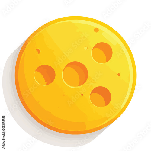 Top down view of a round yellow cheese wheel with holes.