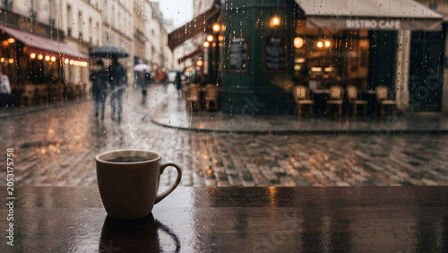 Coffee cup sits on a wooden table overlooking a rainy Parisian street scene where pedestrians walk past a cozy cafe during the late afternoon hours in France.