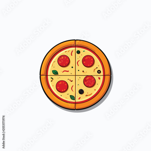 Top view of a flat vector illustration of a pepperoni pizza divided into four equal slices.