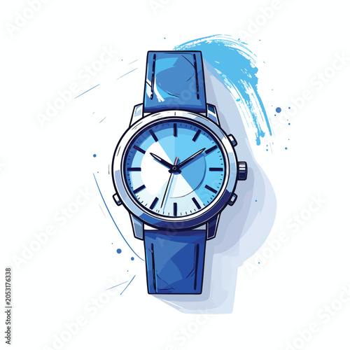 Stylish Blue Wristwatch Illustration with Artistic Watercolor Accents.