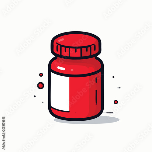 Cartoon red pill bottle with empty white label illustration.
