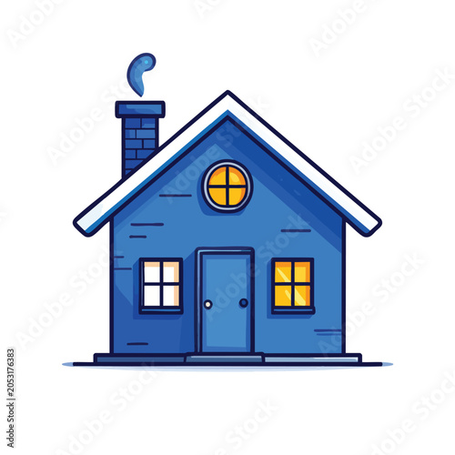 A cute cartoon illustration of a cozy blue house with glowing windows and a smoking chimney.