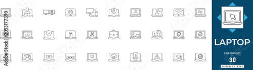 Slika na platnu Laptop line icon set featuring computer, notebook, hardware, screen, device, technology, wireless