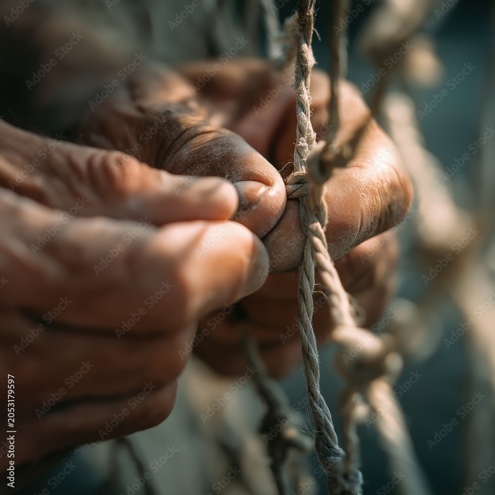 Obraz premium Close-up of weathered hands tying or repairing a frayed rope net, highlighting skill and craftsmanship with a blurred background.