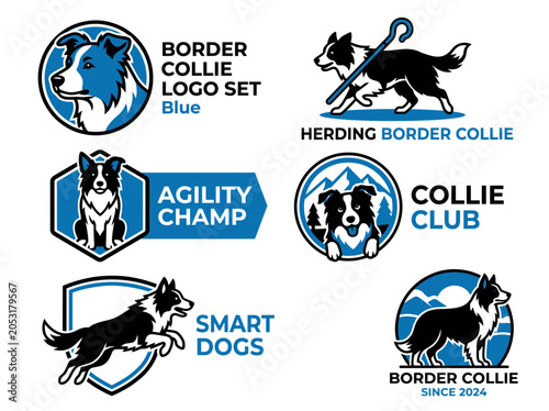 Set of border collie dog logos, emblems and badges in blue and black