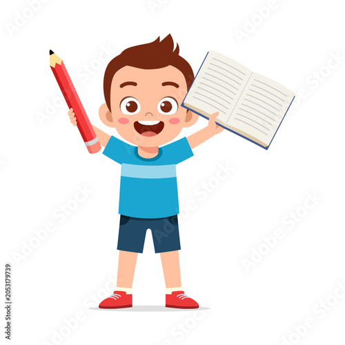 Happy young boy holding a big red pencil and an open book smiling cheerfully ready for school