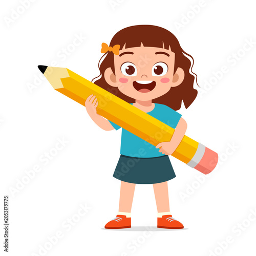Happy cute Asian girl holding a big yellow pencil smiling widely ready to learn and draw