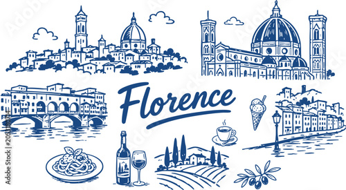 Photos Florence, Italy Travel Vector Set with Duomo, Ponte Vecchio, Tuscan Hills, Itali