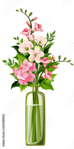 Pink flowers bouquet in a green glass bottle. Vector illustration isolated on...