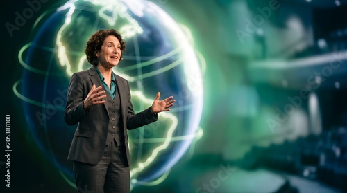 Professional woman giving a business presentation with a glowing earth globe