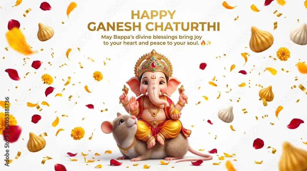 Fototapeta premium Happy ganesh chaturthi celebration greeting card with lord ganesha sitting on a mouse surrounded by floating modak sweets and flower petals on a clean white background for festive hindu worship
