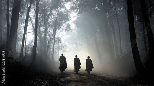 Three figures walk along a foggy forest path surrounded by towering trees with light piercing through the mist in a serene and mysterious atmosphere.