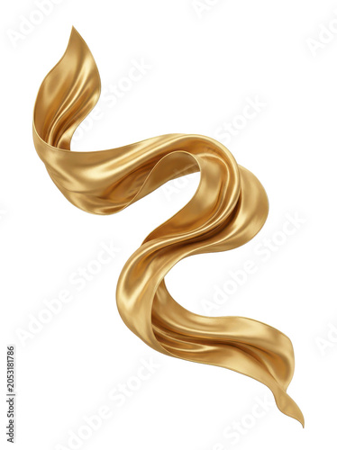 Golden fabric flowing in motion on white background, captured in smooth photography