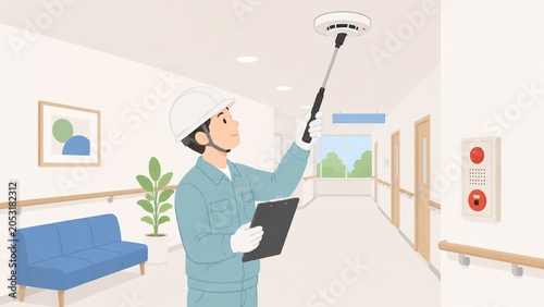 施設内で火災報知器を点検する作業員男性のイラスト
