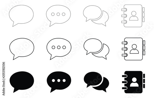Minimalist Chat Bubble and Contact Directory Vector Icon Set: Speech and Address Book Symbols in Outline and Solid Styles